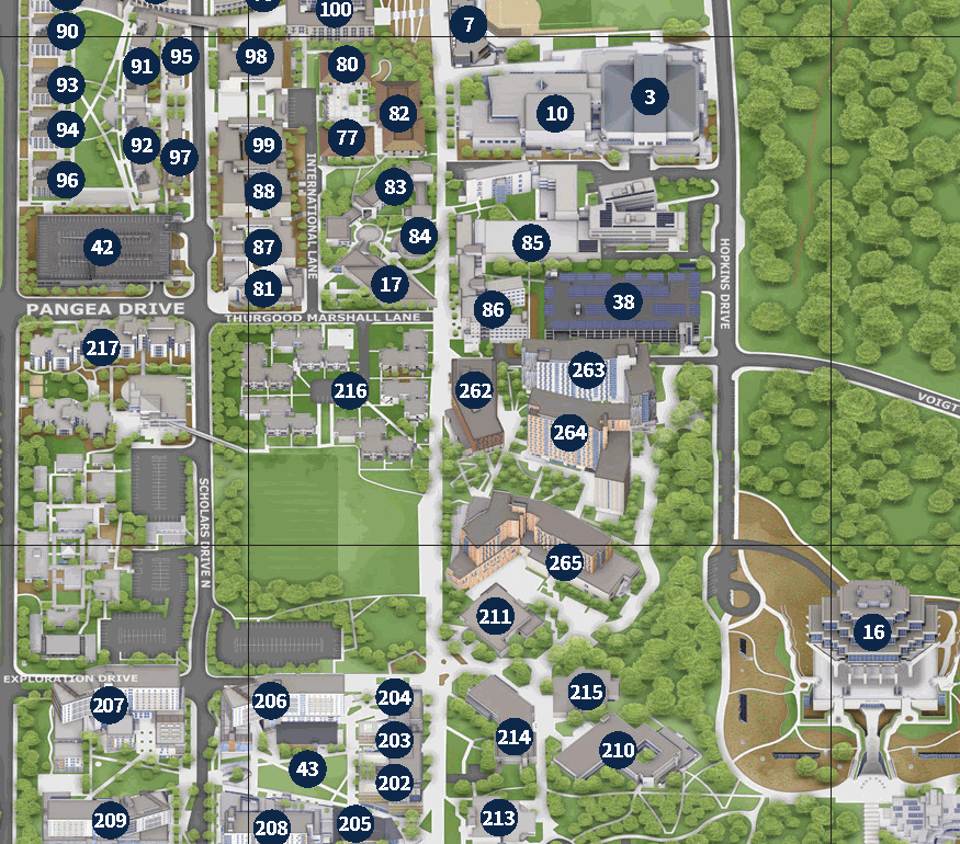 Campus map showing Malk Hall (building 262) near Ridge Walk, Hopkins Parking Structure, and Geisel Library.