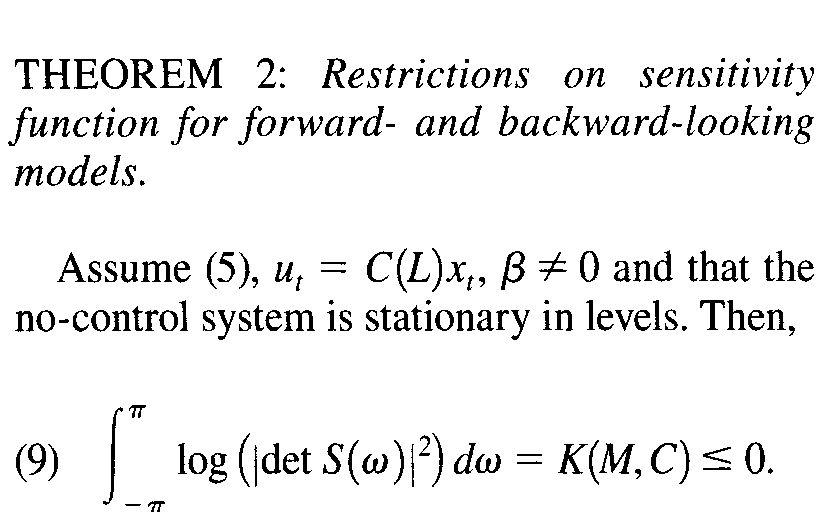 Theorem 2: Restrictions on the sensitivity function for forward- and backward-looking models, including its assumptions and equation (9).